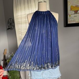 Ranna Gill From Anthropologie Navy Sequin Pleated Halter Blouse